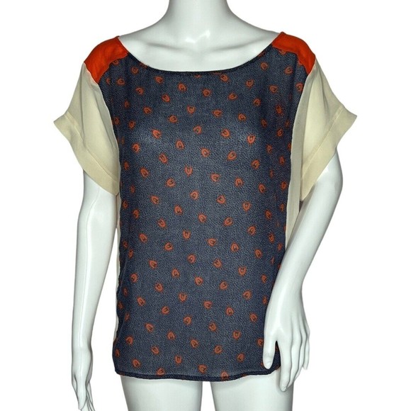 Urban Outfitters Cooperative Blouse Navy Blue Orange‎ Slit Open Back Semi Sheer - Picture 1 of 7